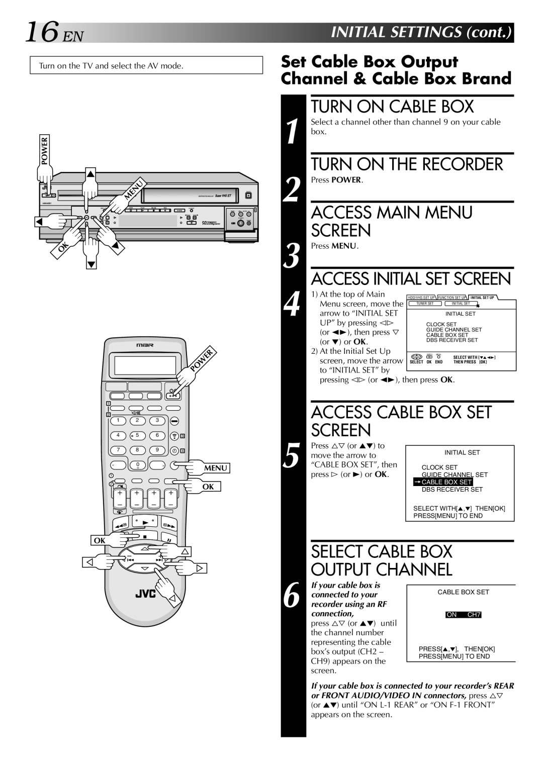 JVC HM-HDS1U manual Turn on Cable BOX, Access Cable BOX SET Screen, Select Cable BOX Output Channel 