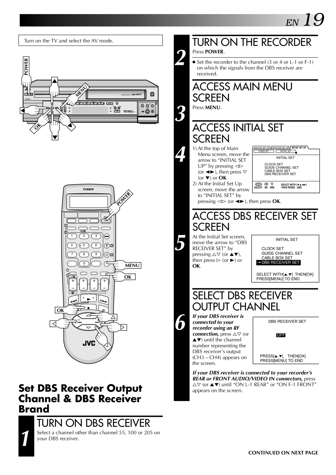 JVC HM-HDS1U Access DBS Receiver SET Screen, Turn on DBS Receiver, Set DBS Receiver Output Channel & DBS Receiver Brand 