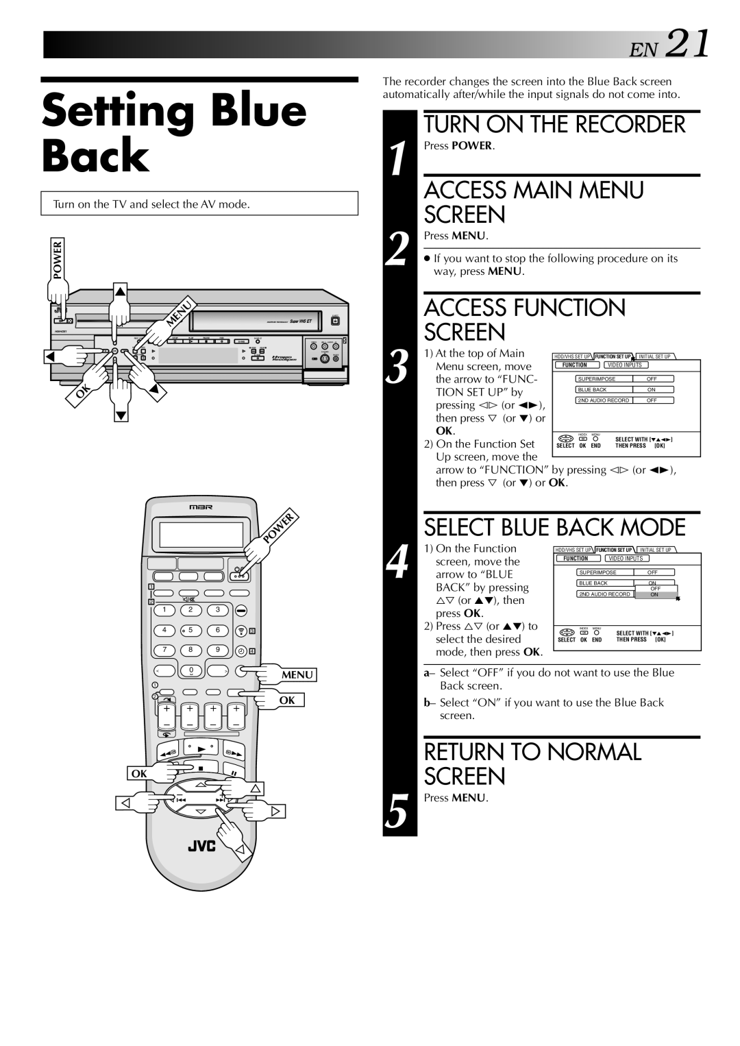 JVC HM-HDS1U manual Setting Blue Back, Access Function, Select Blue Back Mode 