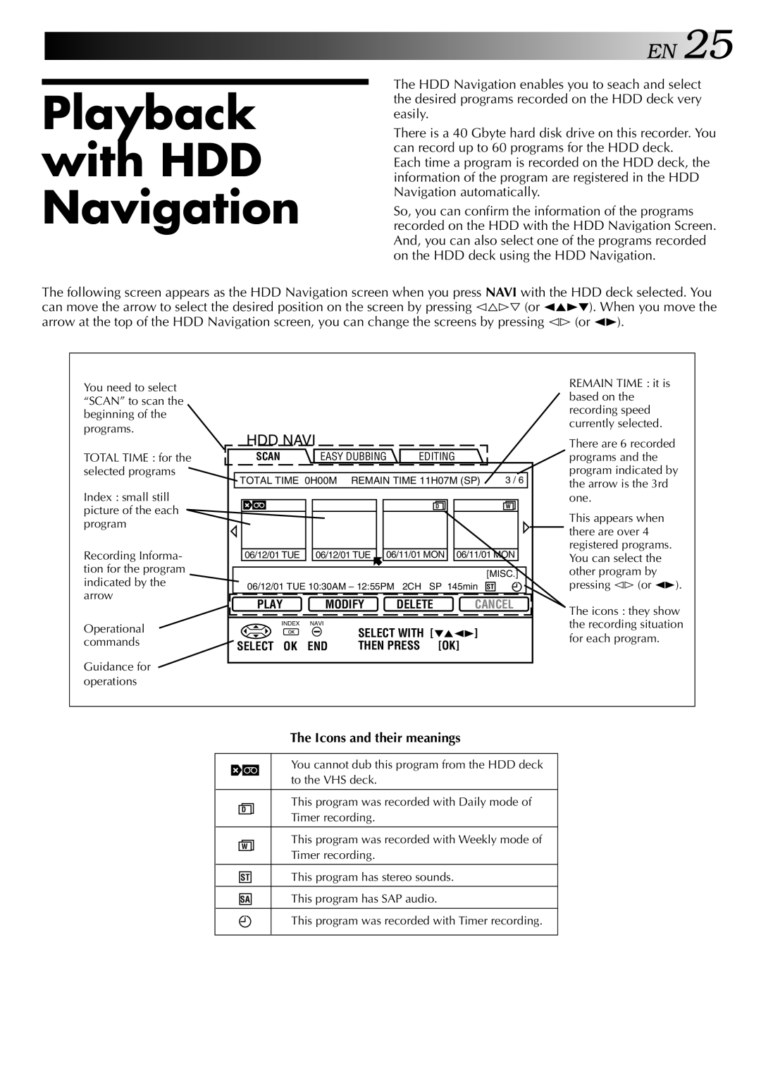 JVC HM-HDS1U manual Playback with HDD Navigation, Icons and their meanings 