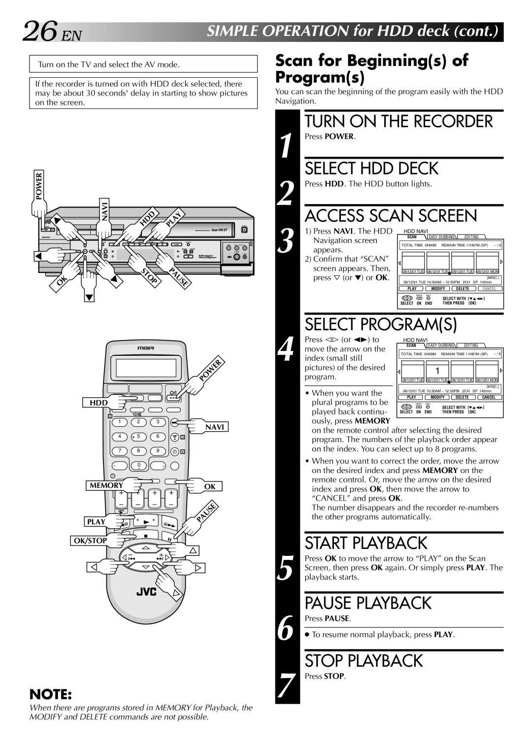 JVC HM-HDS1U manual Access Scan Screen, Select Programs, Scan for Beginnings of Programs 