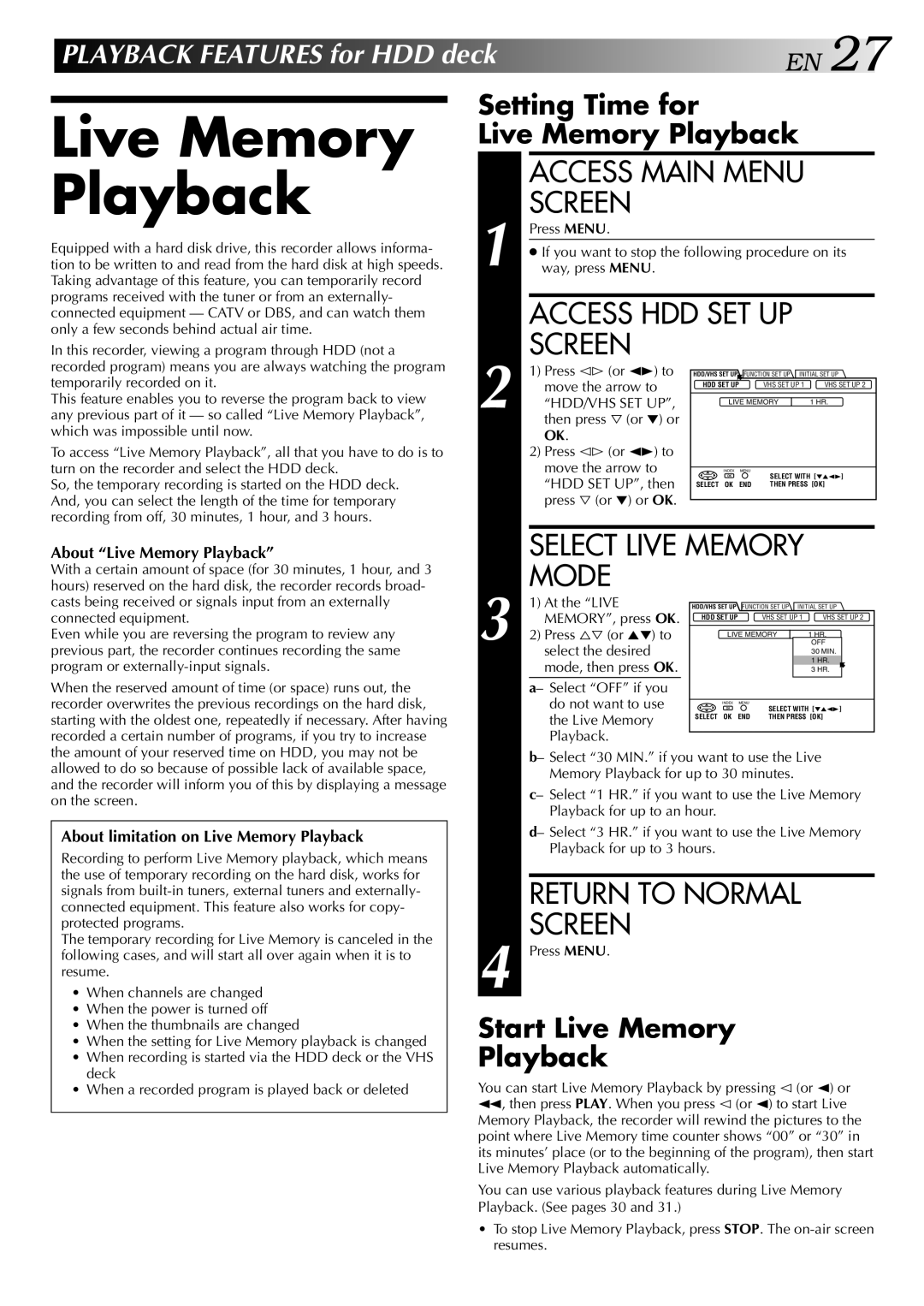 JVC HM-HDS1U manual Setting Time for Live Memory Playback, Start Live Memory Playback, About Live Memory Playback 