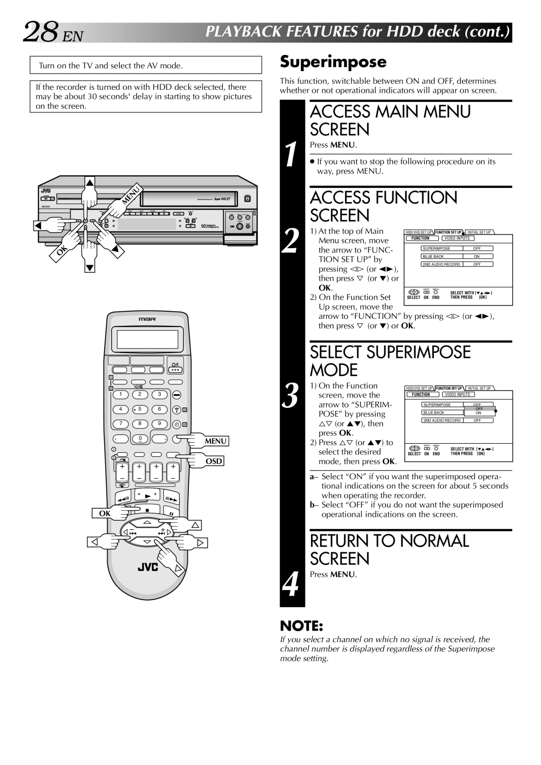 JVC HM-HDS1U manual Access Function Screen, Superimpose, Arrow to Superim, Pose by pressing, Press OK Press %ﬁ or 5∞ to 