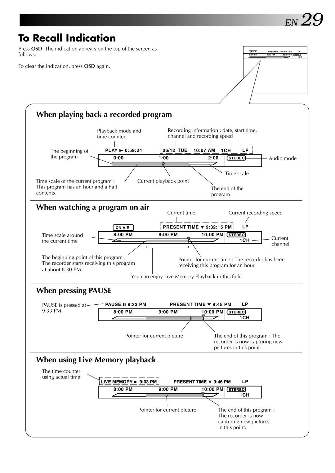 JVC HM-HDS1U manual To Recall Indication 