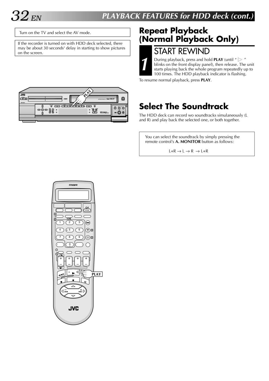 JVC HM-HDS1U manual Start Rewind, Repeat Playback Normal Playback Only, Select The Soundtrack 