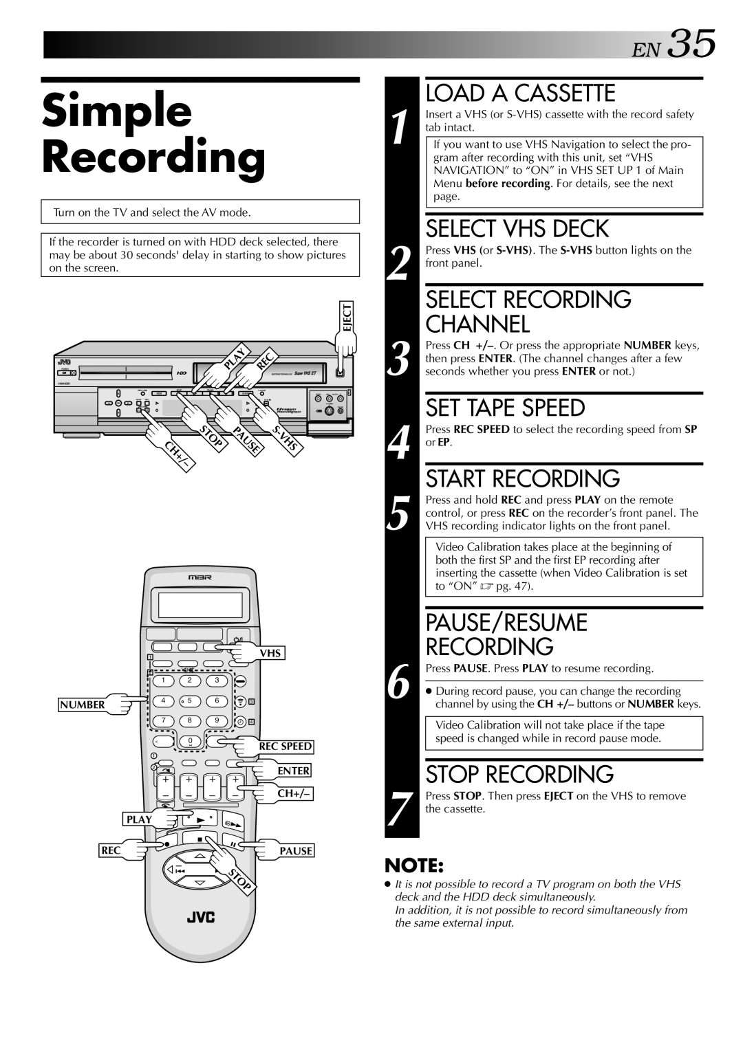 JVC HM-HDS1U manual SET Tape Speed, Pause/Resume, Recording 