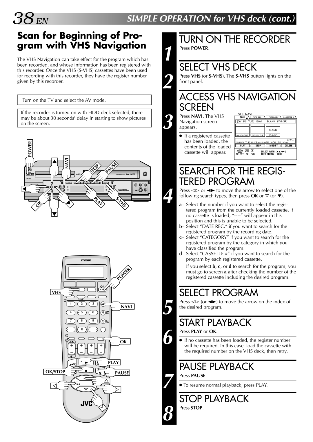 JVC HM-HDS1U manual Tered Program, Select Program, Scan for Beginning of Pro- gram with VHS Navigation 