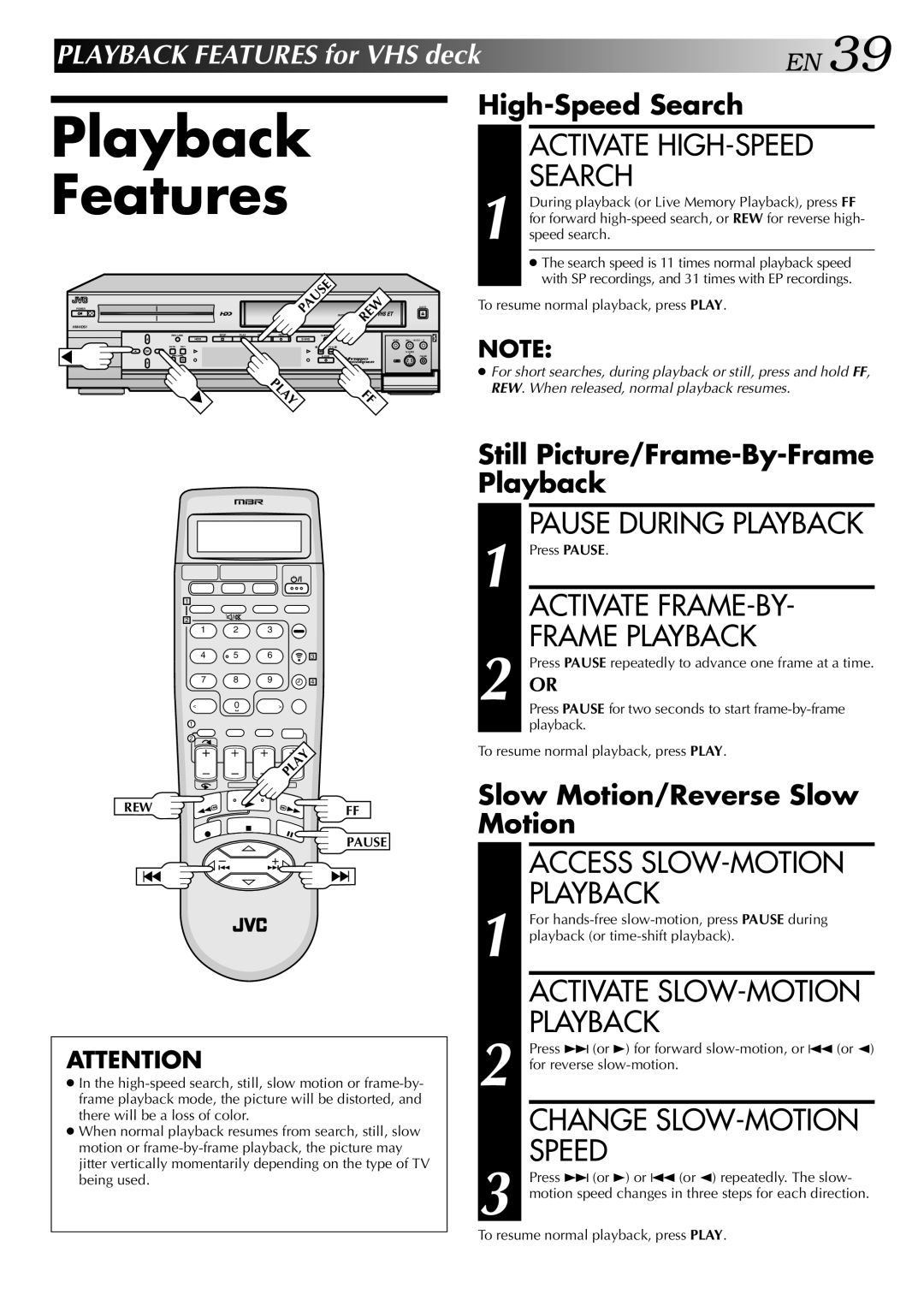 JVC HM-HDS1U manual Activate HIGH-SPEED Search, Activate FRAME-BY, Change SLOW-MOTION Speed 