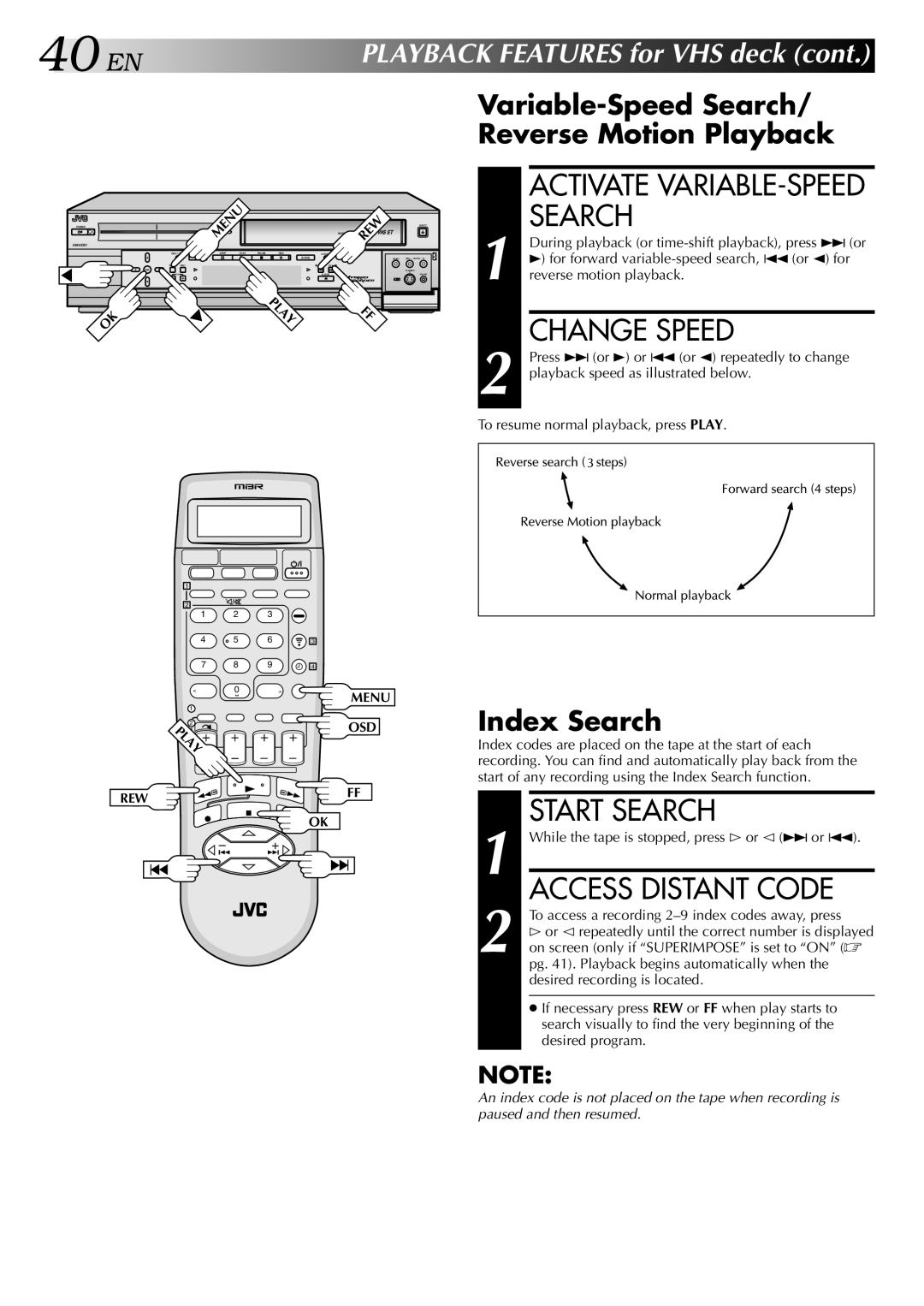 JVC HM-HDS1U manual Start Search, Access Distant Code, Index Search 