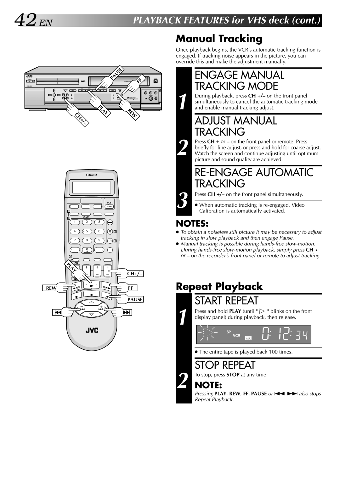 JVC HM-HDS1U manual Engage Manual, Tracking Mode, Adjust Manual, RE-ENGAGE Automatic, Start Repeat, Stop Repeat 