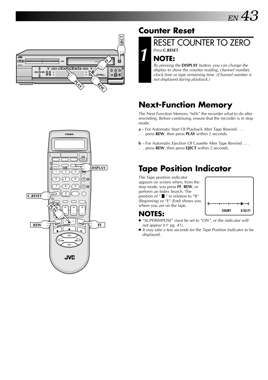 JVC HM-HDS1U manual Counter Reset, Next-Function Memory, Tape Position Indicator, Press C.RESET 