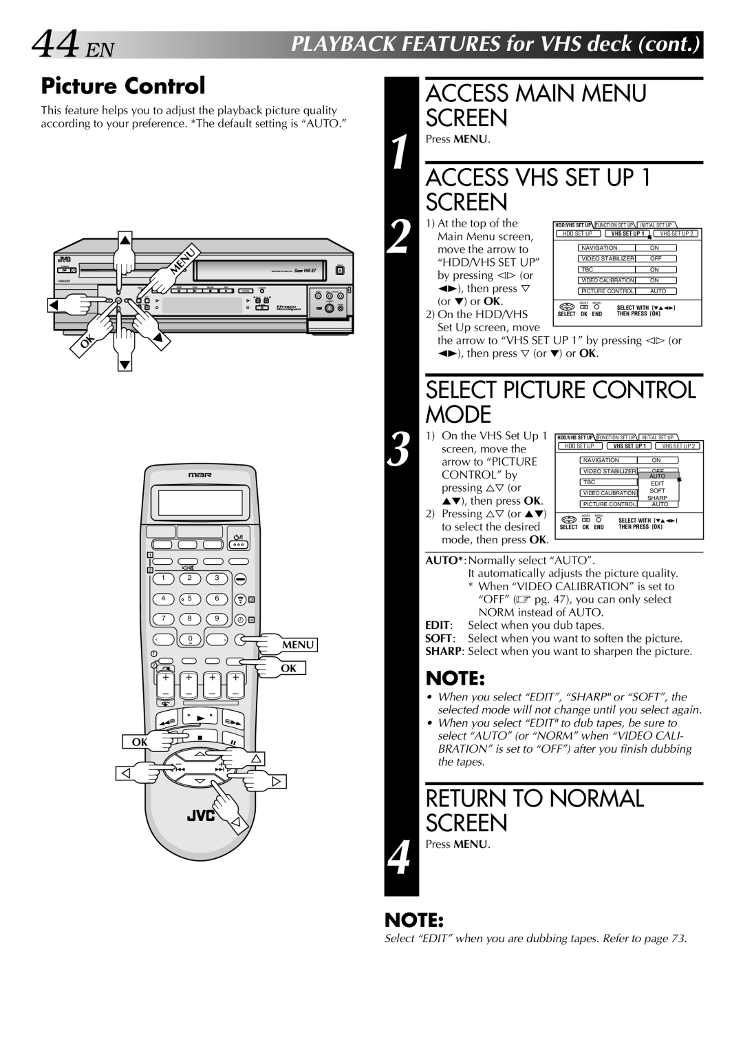 JVC HM-HDS1U manual Access VHS SET UP 1 Screen, Select Picture Control Mode 