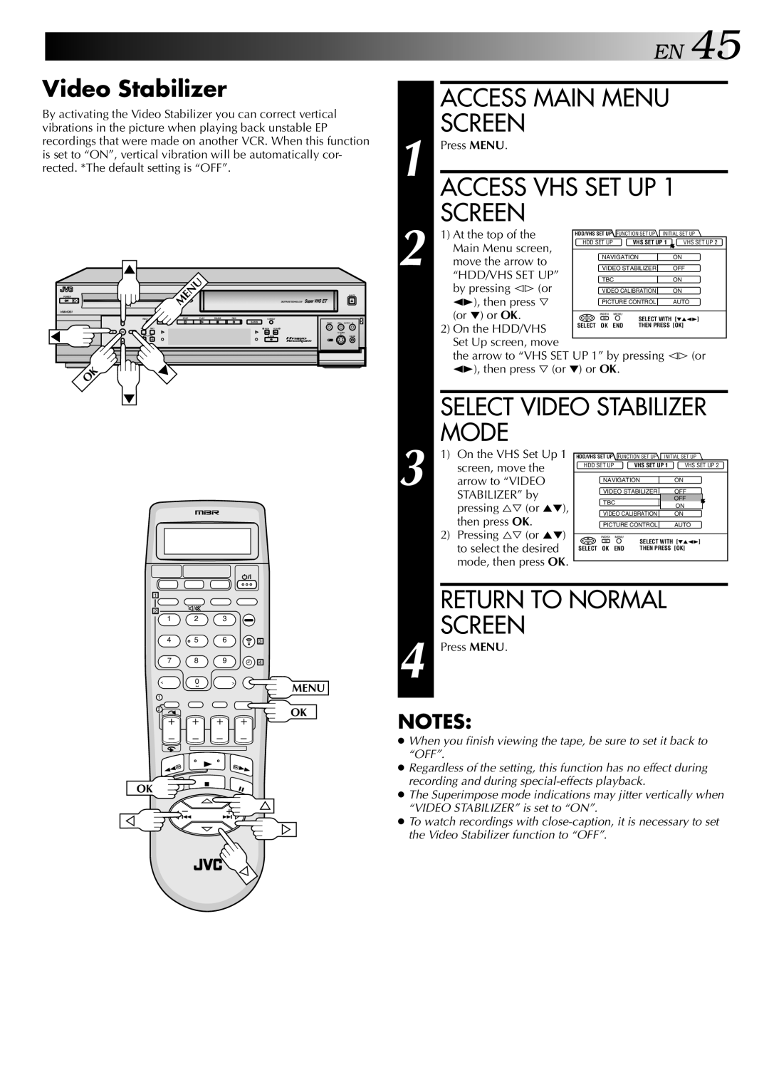 JVC HM-HDS1U manual Access VHS SET UP Screen, Select Video Stabilizer Mode 