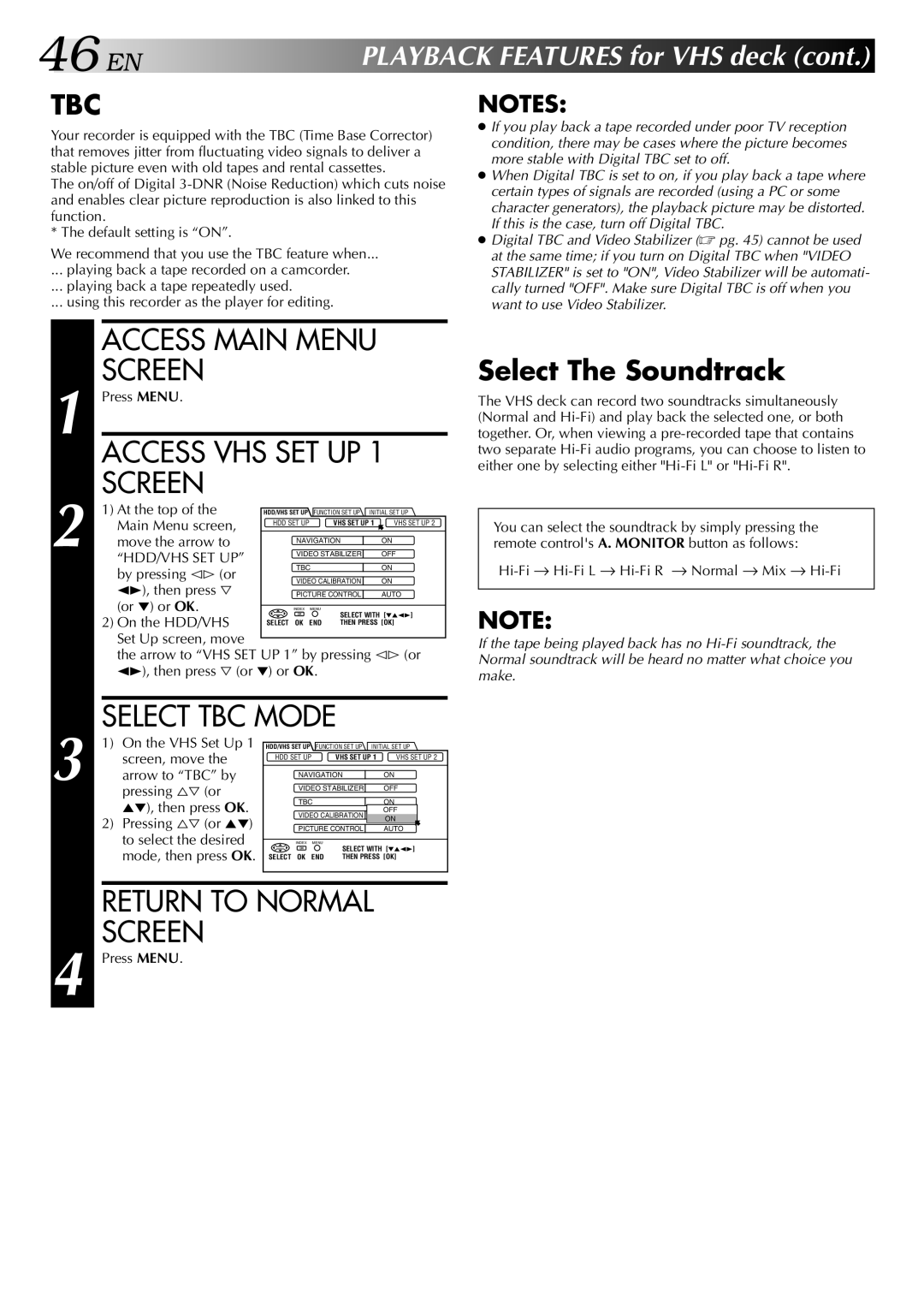 JVC HM-HDS1U manual Select TBC Mode, TBC by, Pressing Arrow to %ﬁ, ∞, then press OK 