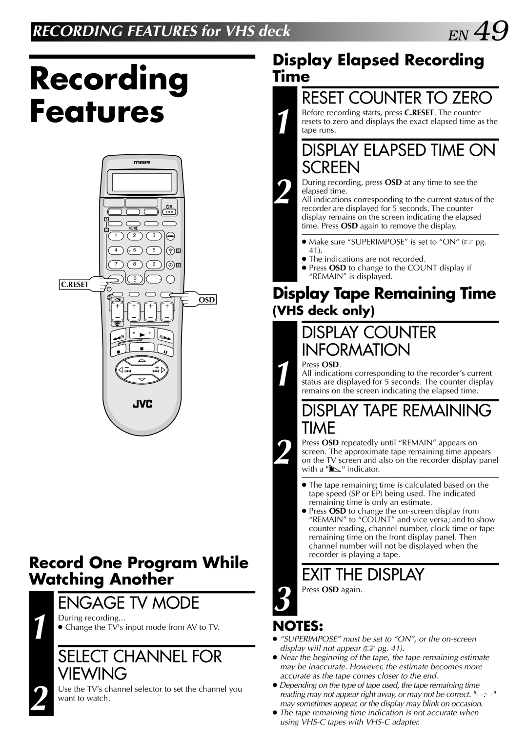 JVC HM-HDS1U Display Counter Information, Display Tape Remaining Time, Exit the Display, Display Elapsed Recording Time 