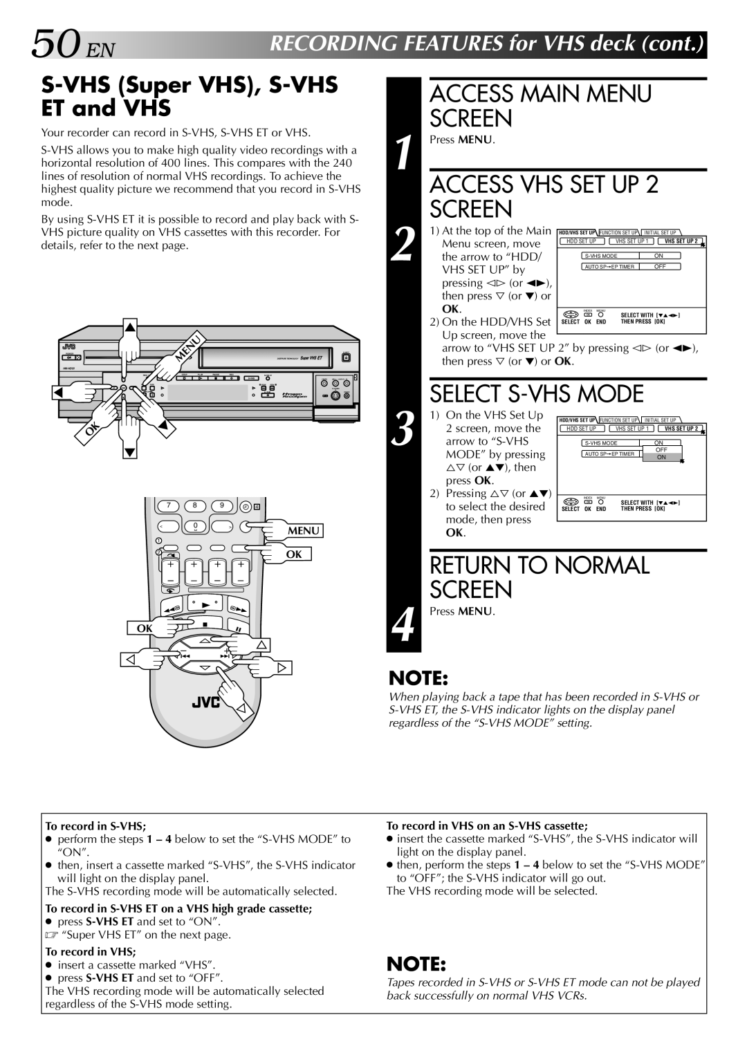 JVC HM-HDS1U manual VHS Super VHS, S-VHS ET and VHS 