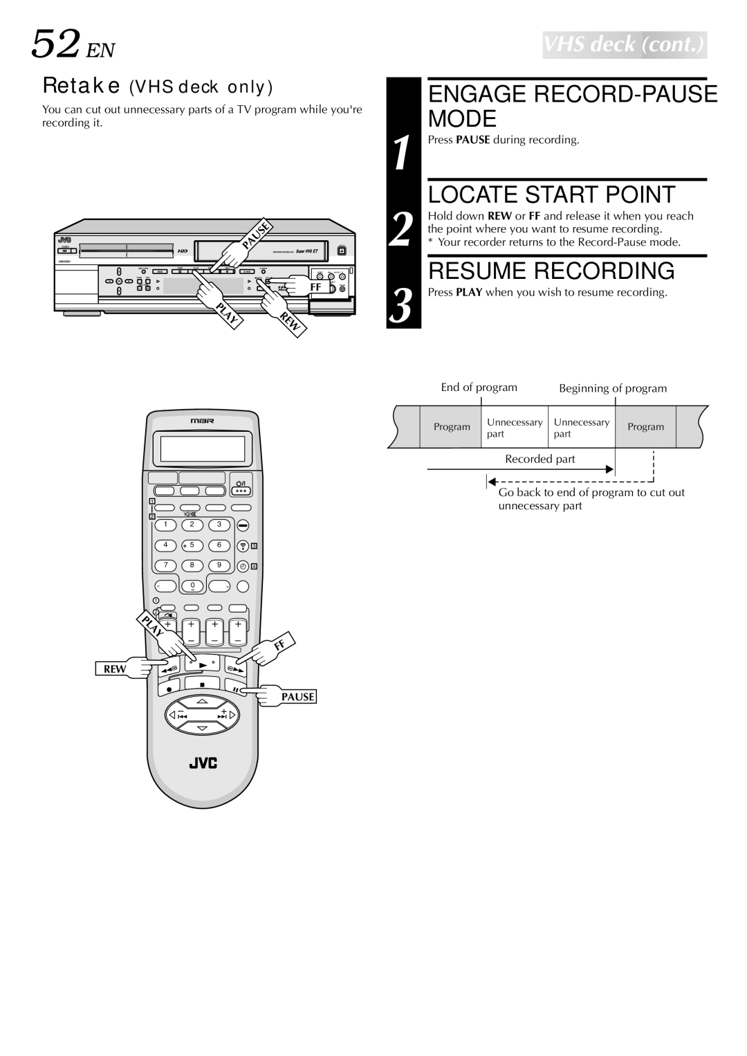 JVC HM-HDS1U manual Engage RECORD-PAUSE Mode, Locate Start Point, Resume Recording 