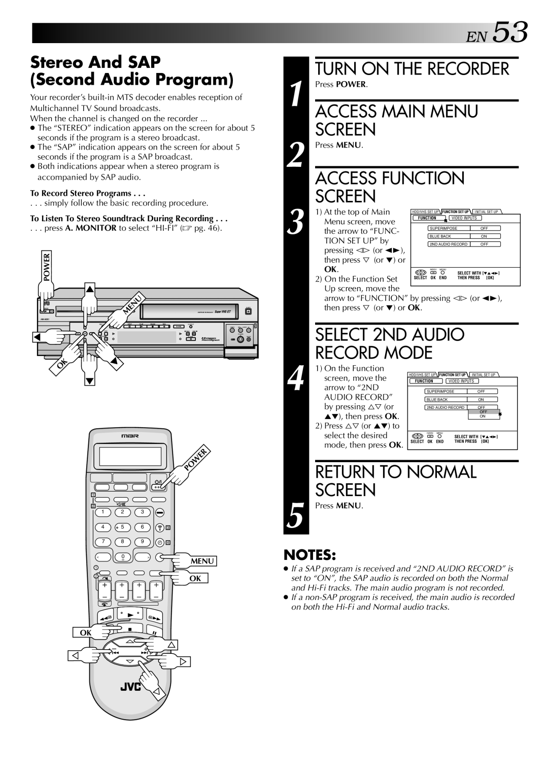 JVC HM-HDS1U manual Stereo And SAP Second Audio Program, To Record Stereo Programs 