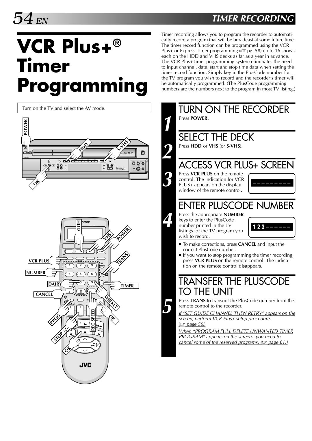 JVC HM-HDS1U manual VCR Plus+ Timer Programming 