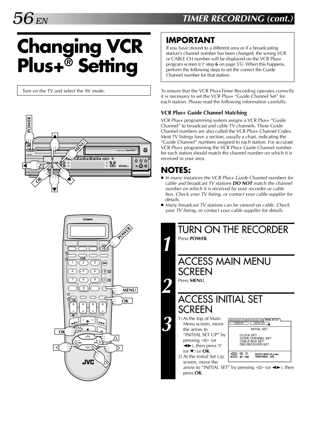 JVC HM-HDS1U Changing VCR Plus+ Setting, Access Initial SET, VCR Plus+ Guide Channel Matching, Arrow to, Initial SET UP by 