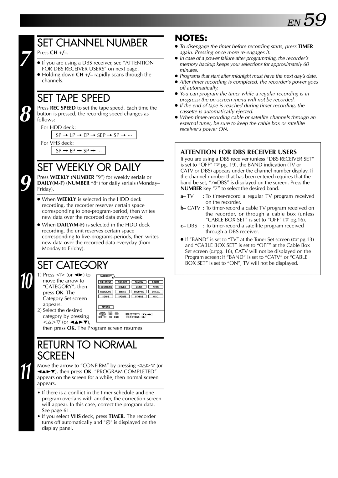 JVC HM-HDS1U manual SET Channel Number, SET Weekly or Daily, SET Category 