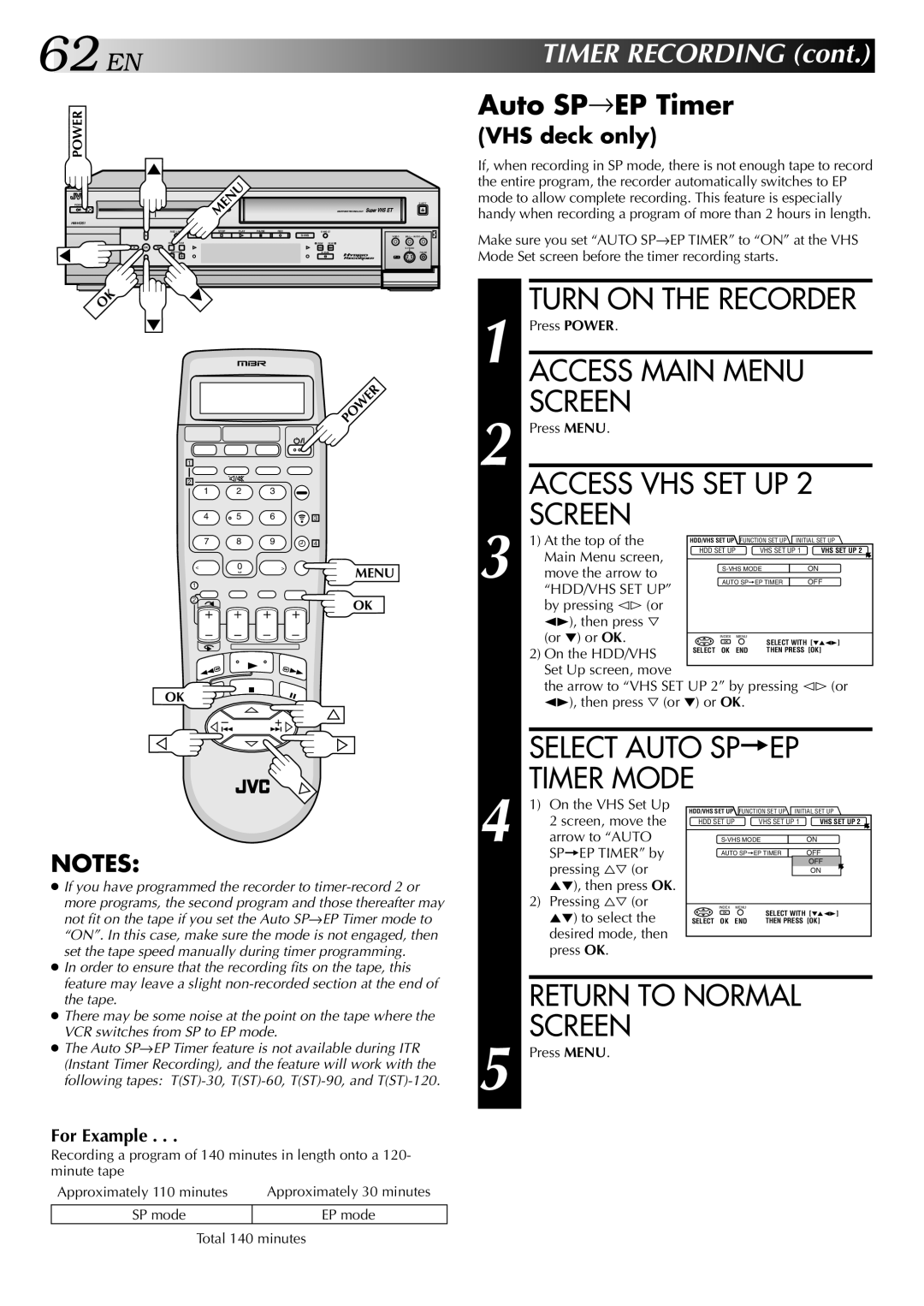 JVC HM-HDS1U manual Select Auto SP=EP Timer Mode, Auto SP→EP Timer 