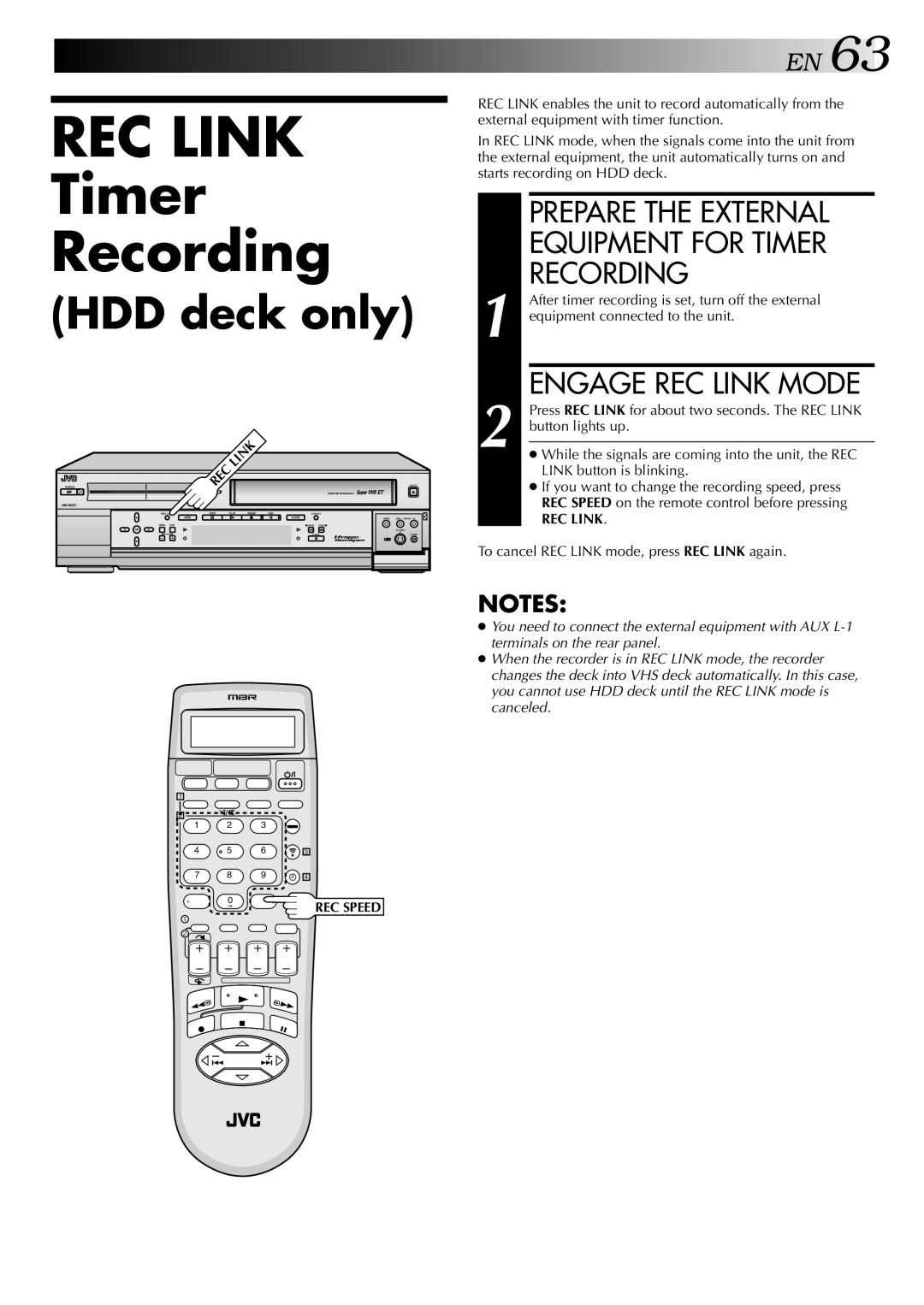 JVC HM-HDS1U manual Prepare the External Equipment for Timer Recording, Engage REC Link Mode, Link button is blinking 