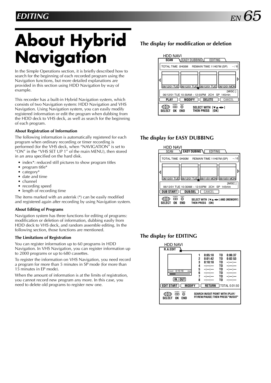 JVC HM-HDS1U manual About Hybrid Navigation, About Registration of Information, About Editing of Programs 