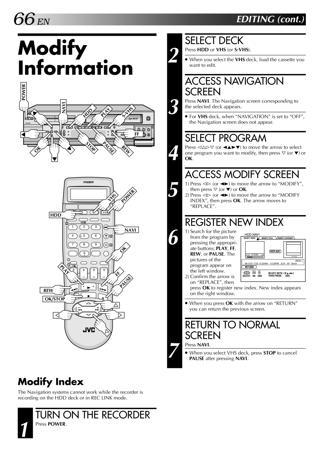 JVC HM-HDS1U manual Modify Information, Select Deck, Access Modify Screen, Register NEW Index, Modify Index 