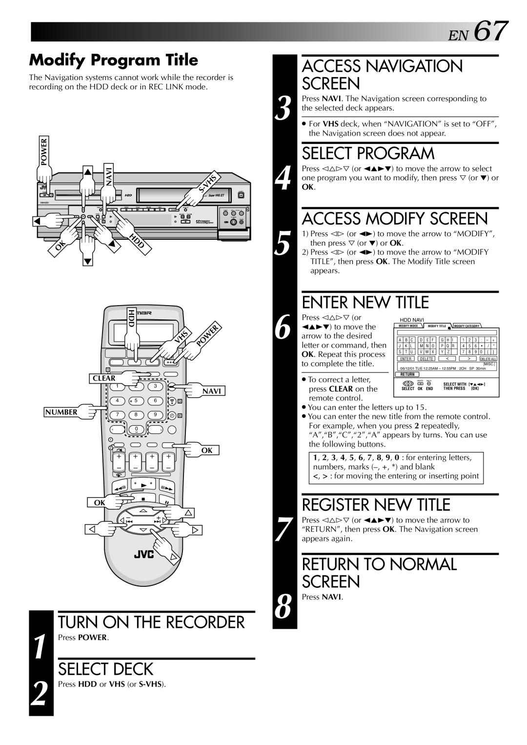 JVC HM-HDS1U manual Access Navigation Screen, Enter NEW Title, Register NEW Title, Modify Program Title 