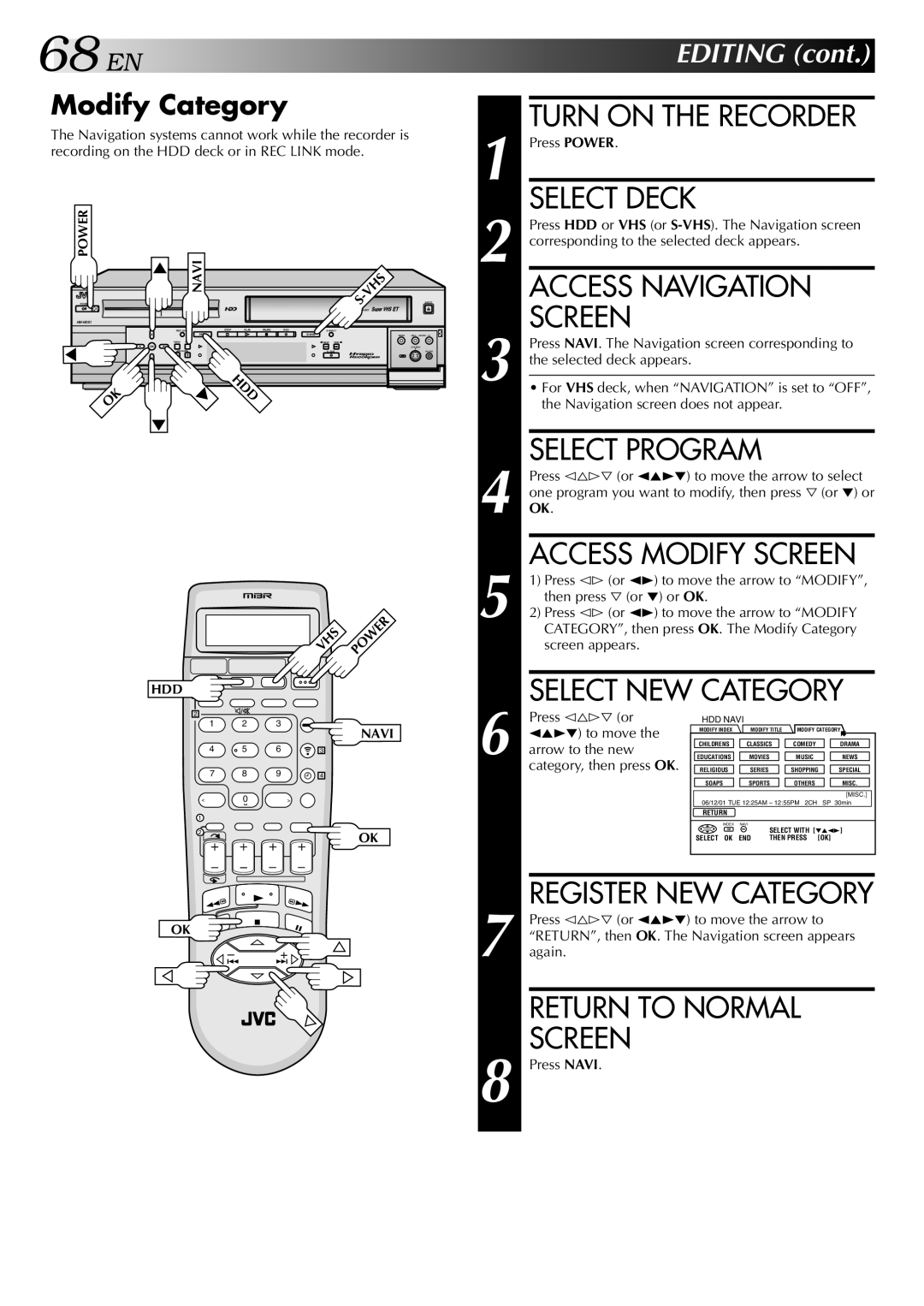 JVC HM-HDS1U manual Select NEW Category, Register NEW Category, Modify Category, Press @%#ﬁ or 253∞ to move the arrow to 