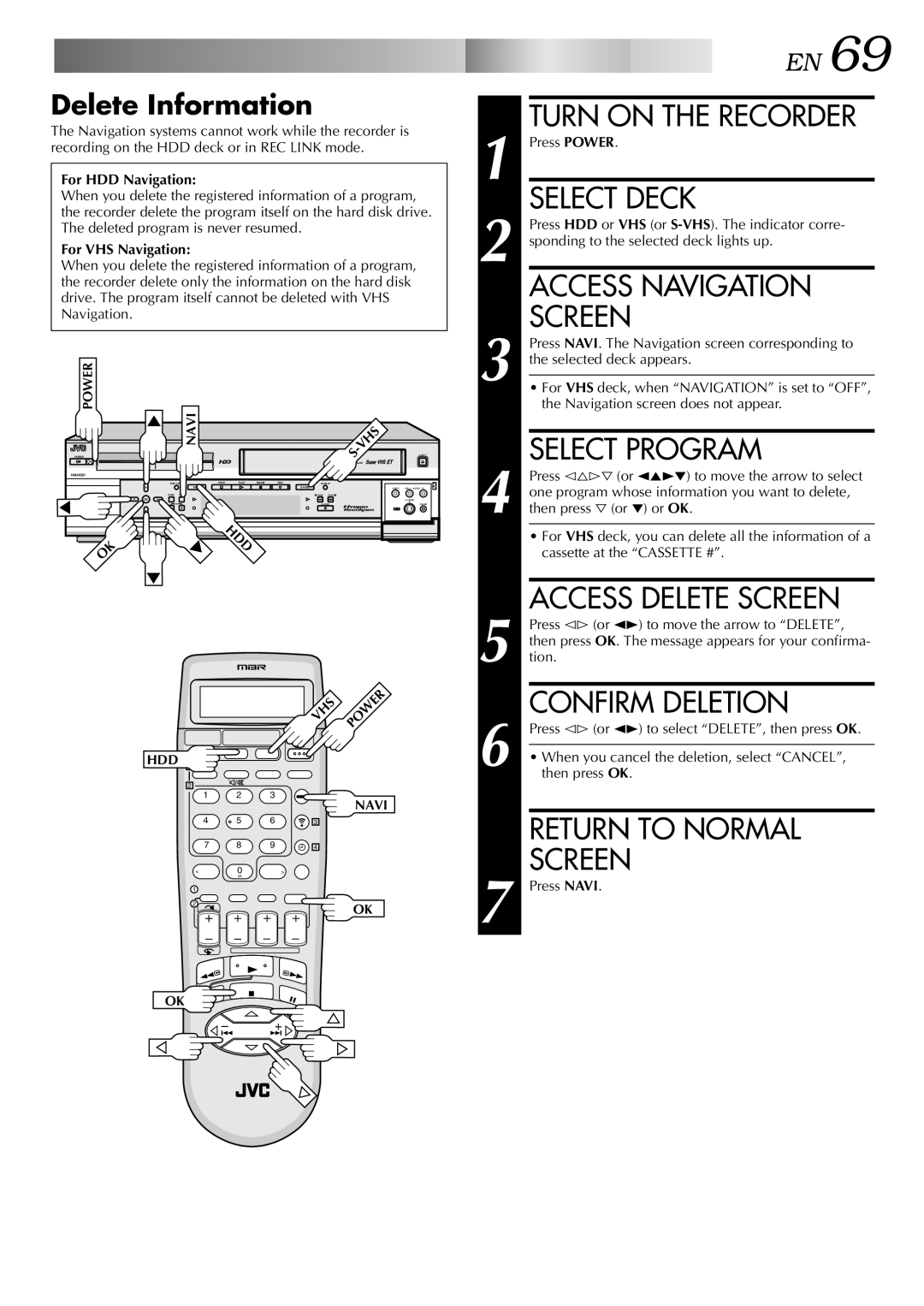 JVC HM-HDS1U manual Access Delete Screen, Confirm Deletion, Delete Information, For HDD Navigation, For VHS Navigation 