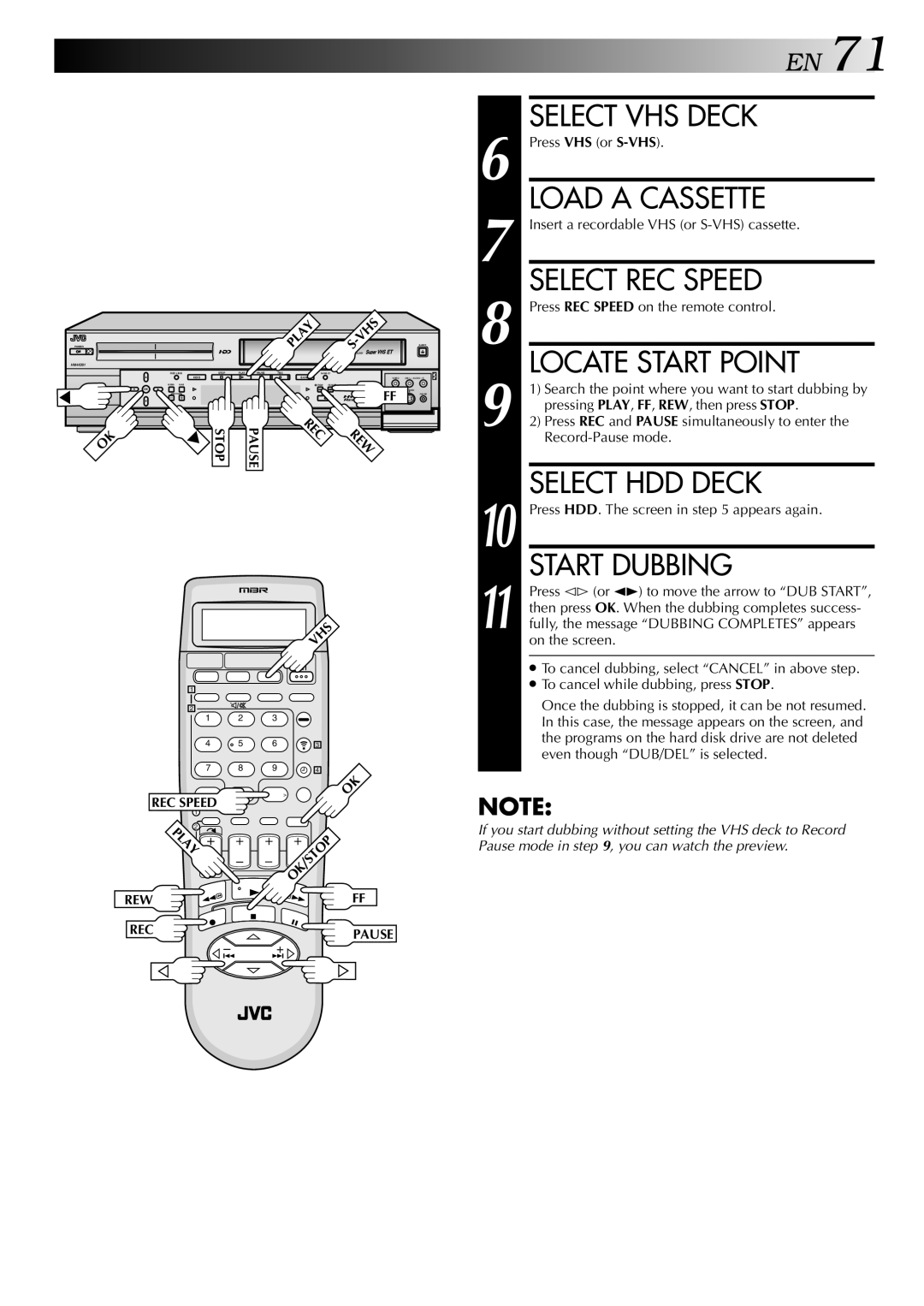 JVC HM-HDS1U manual Select REC Speed, Start Dubbing 