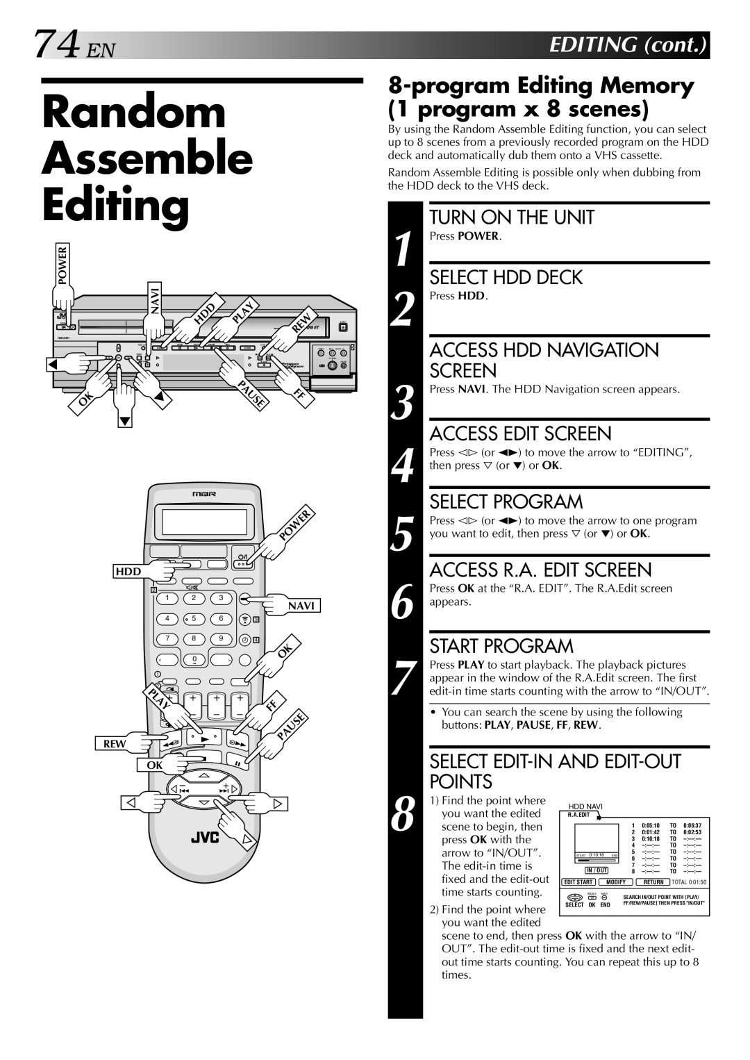 JVC HM-HDS1U manual Random Assemble Editing, Program Editing Memory 1 program x 8 scenes 