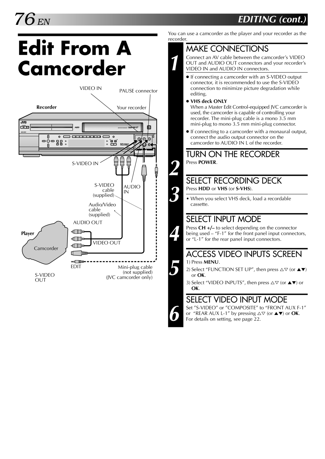 JVC HM-HDS1U manual Edit From a, Camcorder 