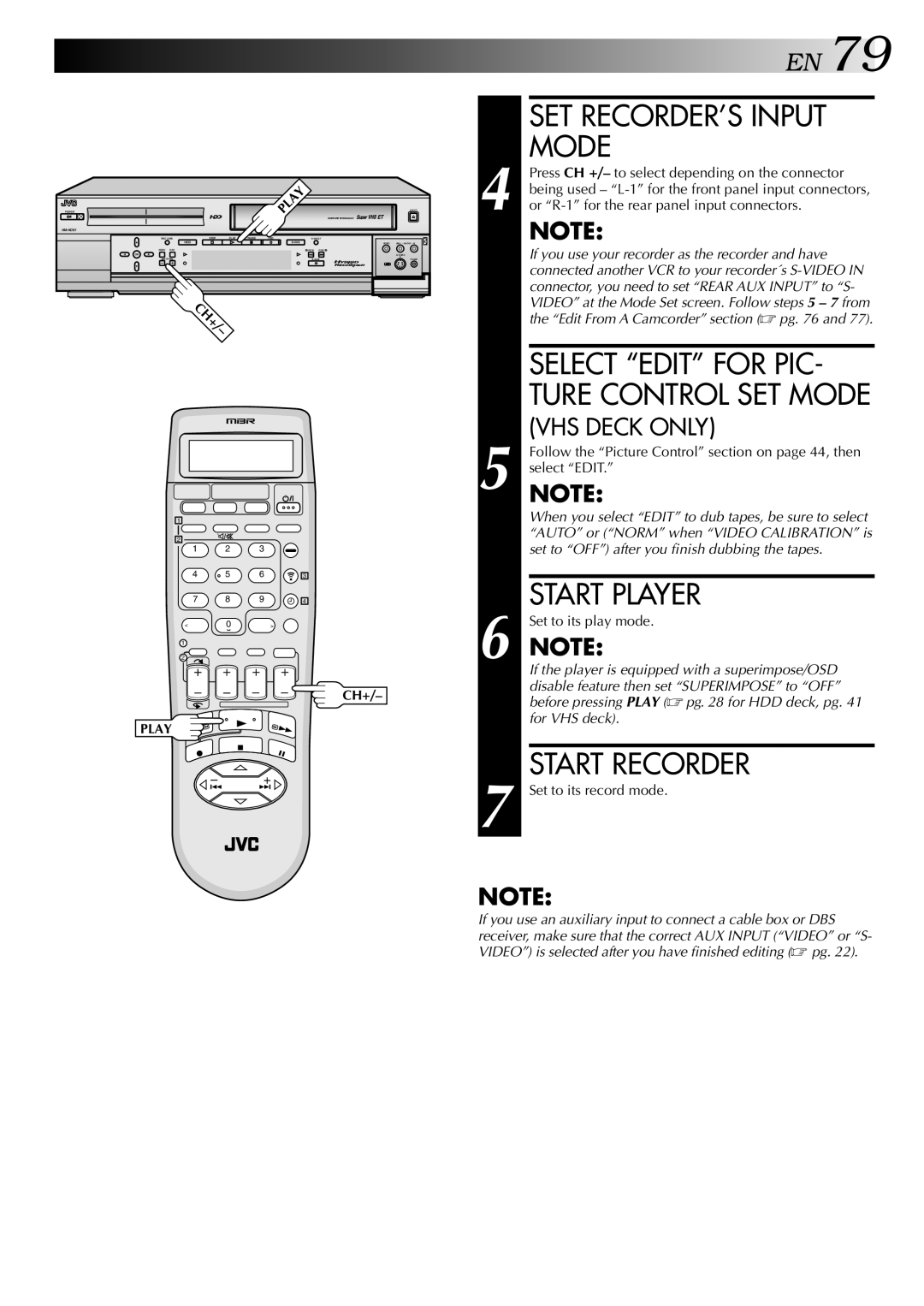 JVC HM-HDS1U manual SET RECORDER’S Input Mode, Select Edit for PIC, Start Player, Start Recorder, VHS Deck only 