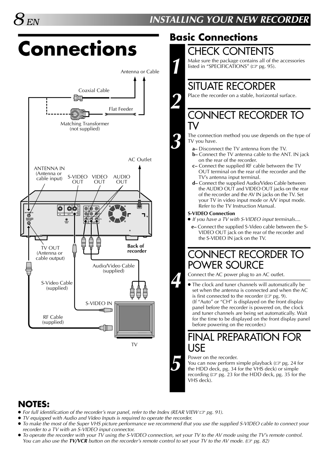 JVC HM-HDS1U manual Connections, Check Contents, Situate Recorder, Power Source, Use 