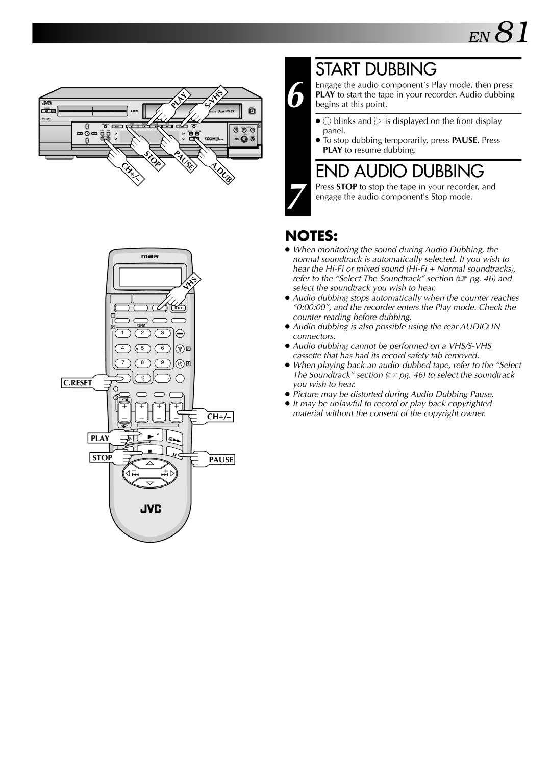 JVC HM-HDS1U manual END Audio Dubbing, When monitoring the sound during Audio Dubbing 