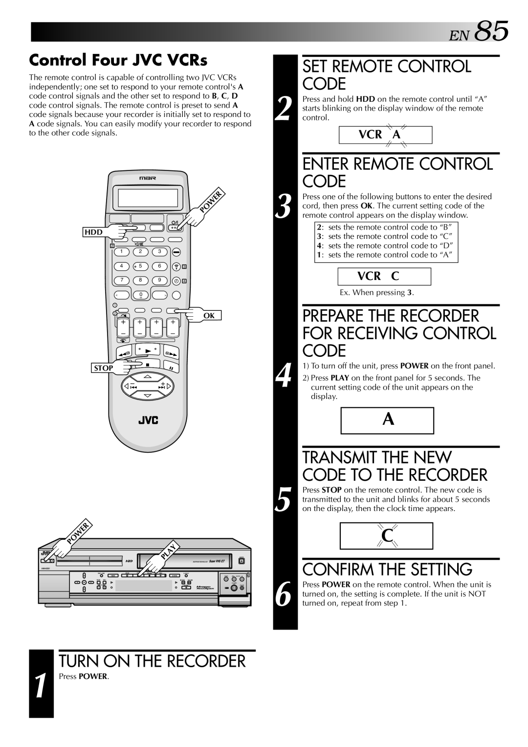 JVC HM-HDS1U manual SET Remote Control Code, Enter Remote Control Code, Confirm the Setting, Control Four JVC VCRs 