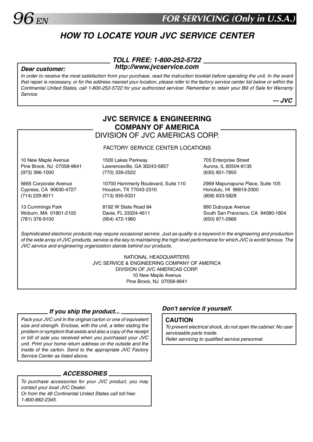 JVC HM-HDS1U manual EN for Servicing Only in U.S.A 