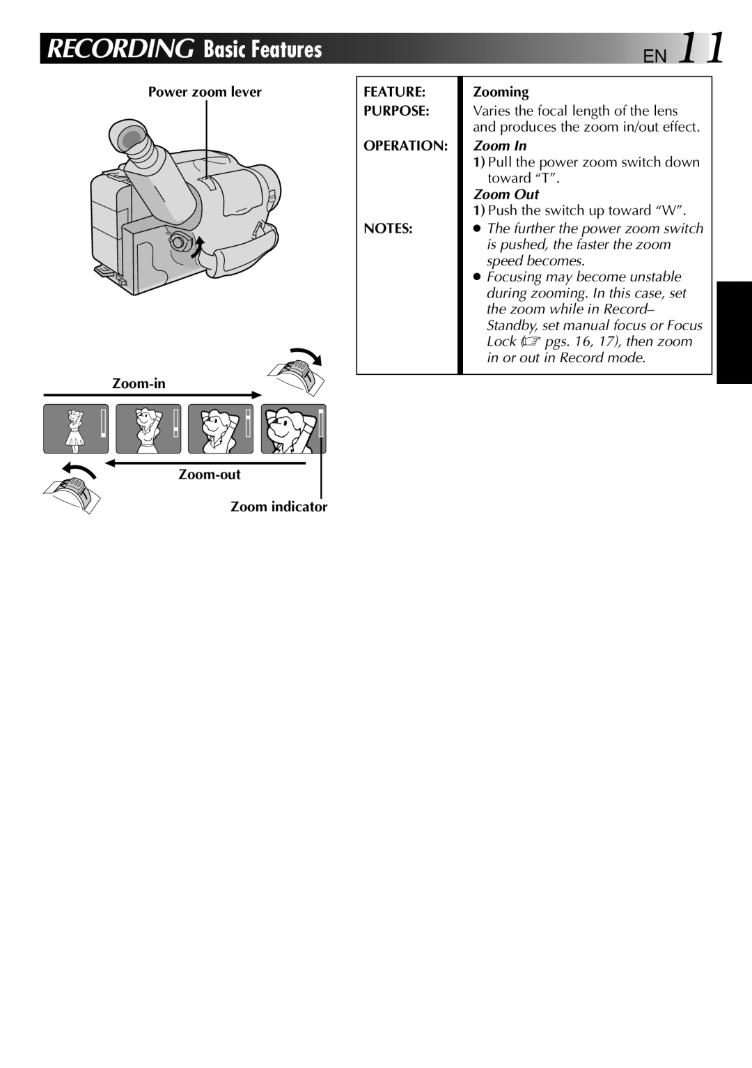 JVC HQ VHS instruction manual Power zoom lever Zoom-in Zoom-out Zoom indicator, Feature Purpose Operation, Zooming 