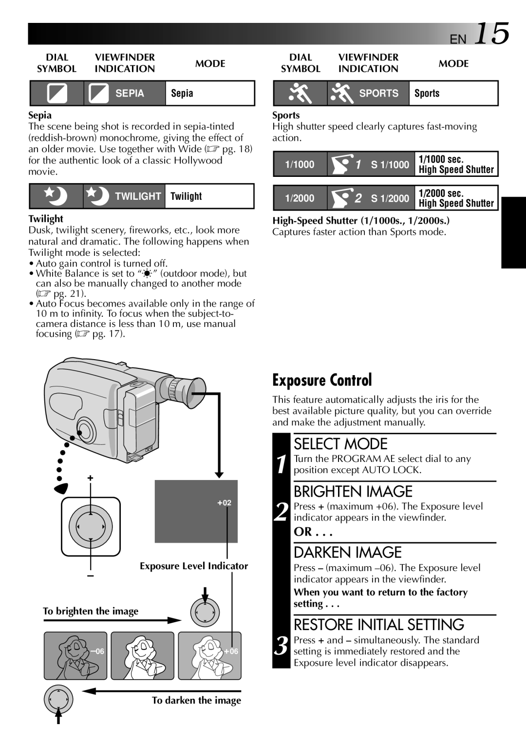 JVC HQ VHS instruction manual Exposure Control, Brighten Image, Darken Image, Restore Initial Setting 