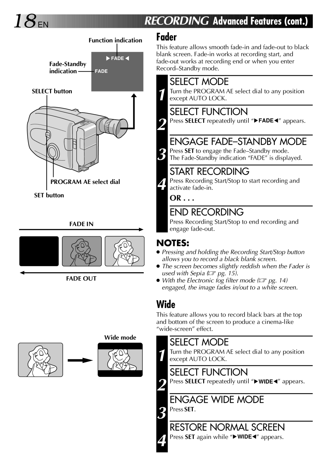 JVC HQ VHS instruction manual Fader, Wide 