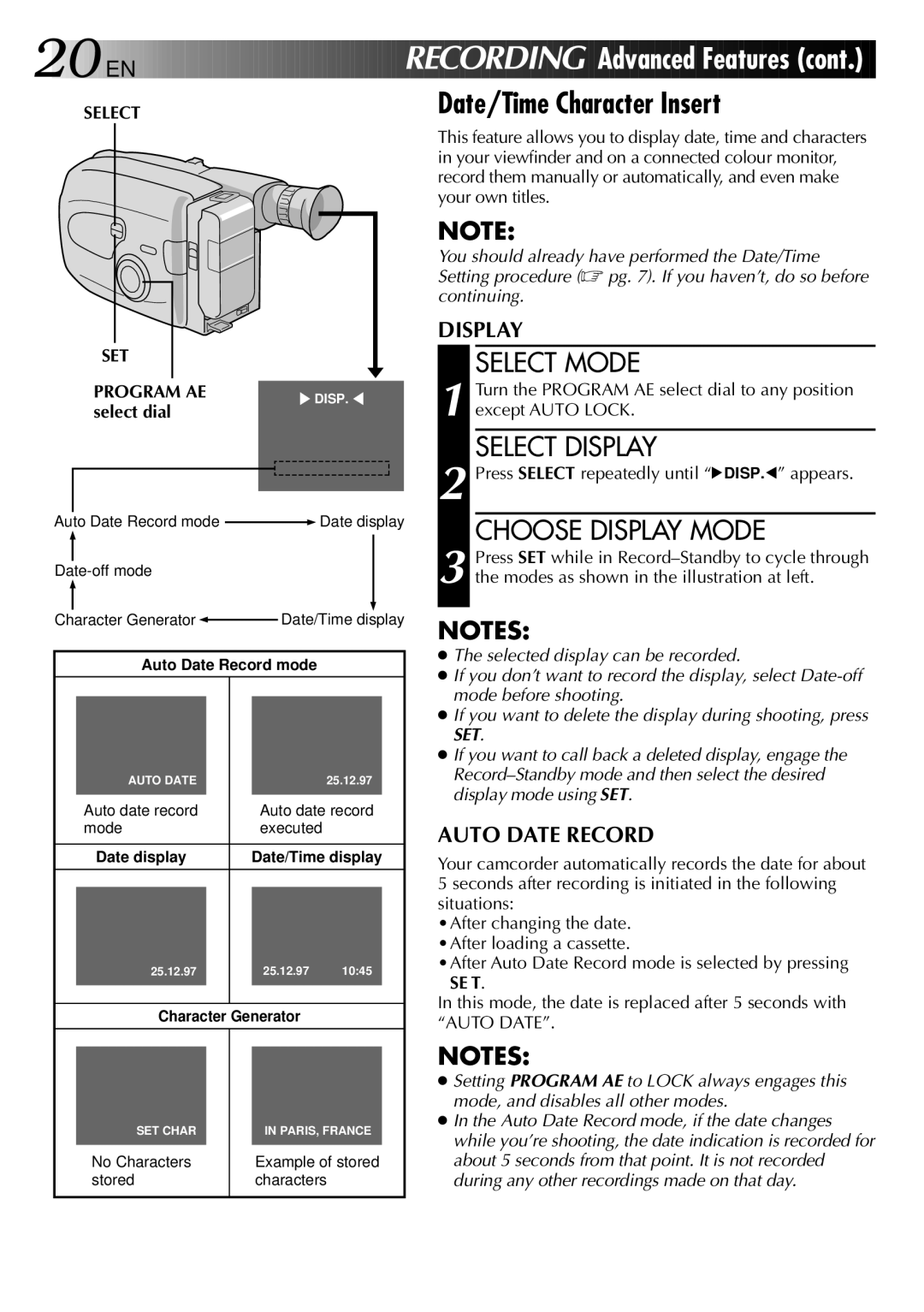 JVC HQ VHS instruction manual Date/Time Character Insert, Select Display, Choose Display Mode, SET Program AE, Se T 