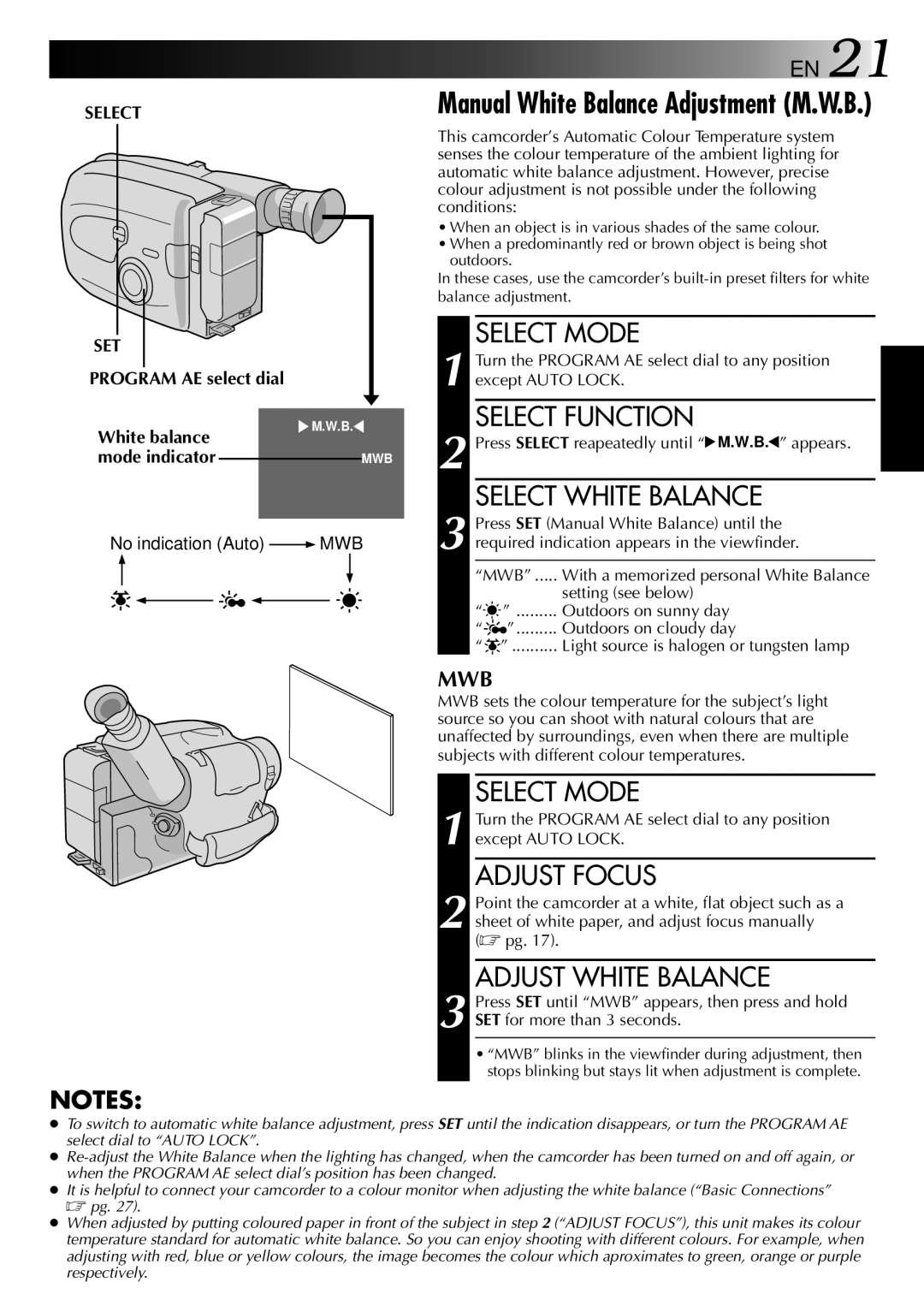 JVC HQ VHS instruction manual Select White Balance, Adjust Focus, Adjust White Balance, Select SET 