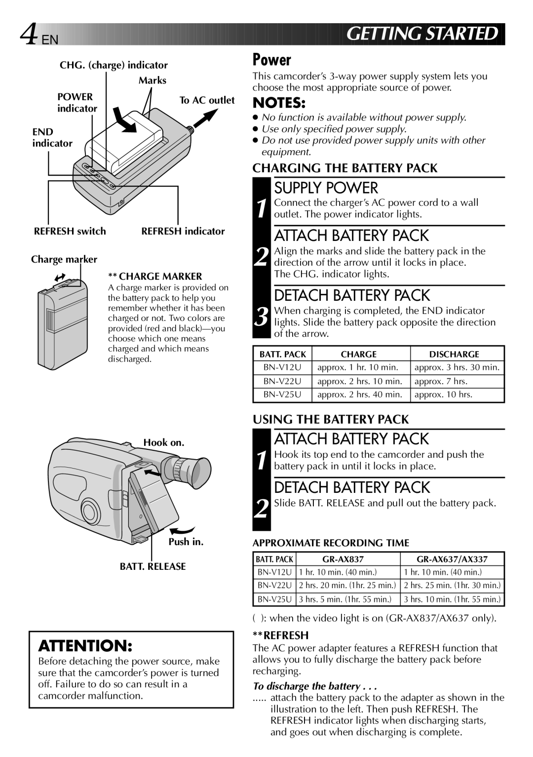 JVC HQ VHS instruction manual Supply Power, Attach Battery Pack, Detach Battery Pack 