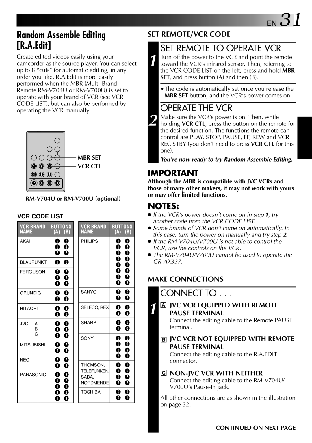 JVC HQ VHS Random Assemble Editing R.A.Edit, SET Remote to Operate VCR, Operate the VCR, Connect to, On Next 