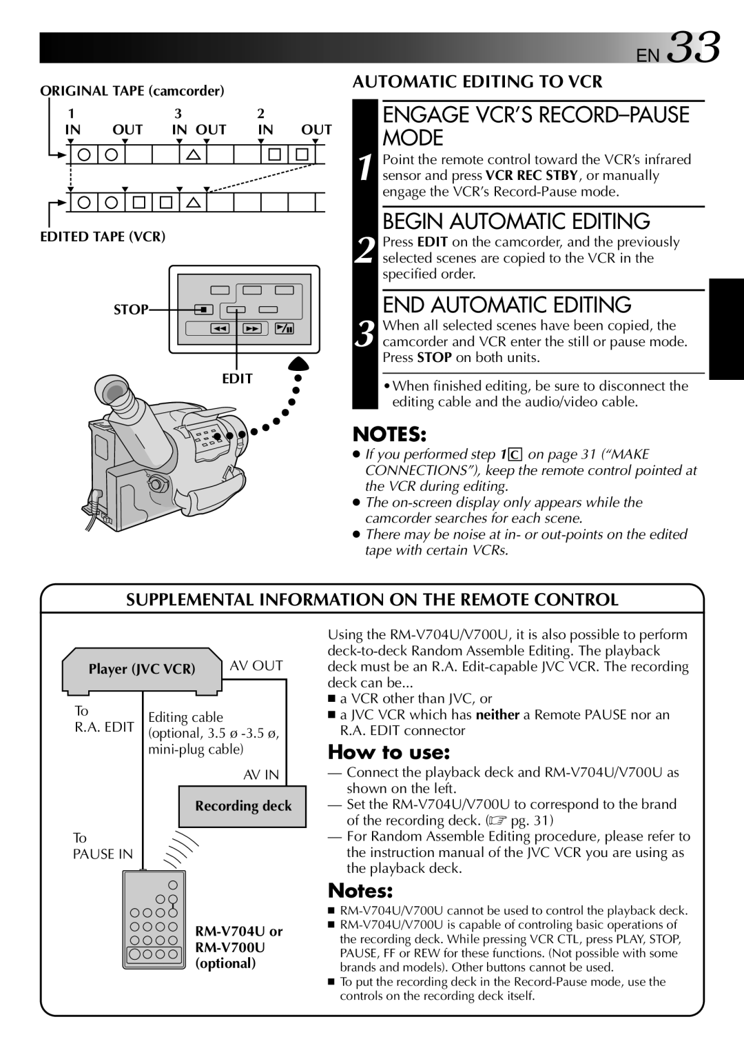 JVC HQ VHS instruction manual Begin Automatic Editing, END Automatic Editing, Edited Tape VCR Stop 