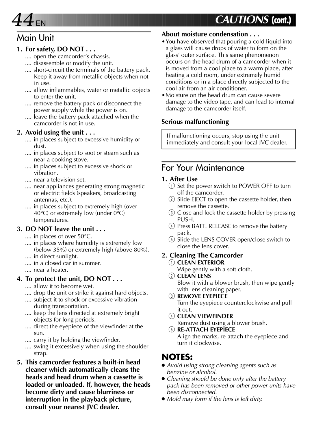 JVC HQ VHS instruction manual Clean Exterior, Clean Lens, Remove Eyepiece, Clean Viewfinder, RE-ATTACH Eyepiece 