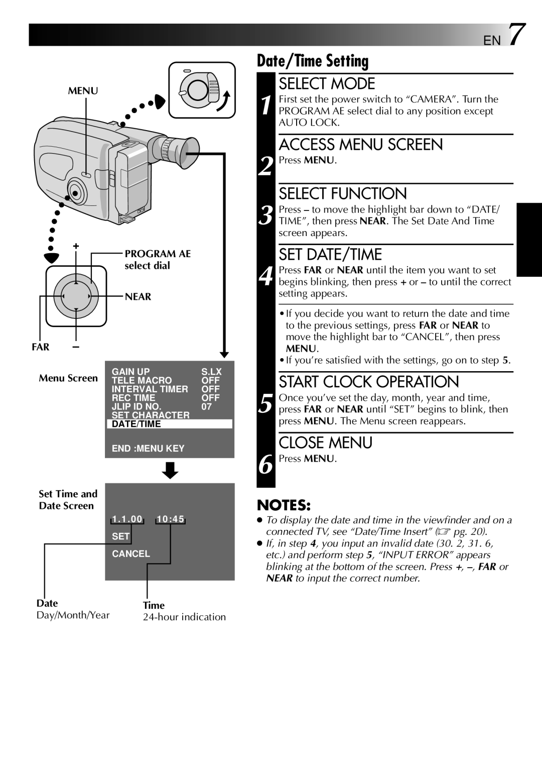 JVC HQ VHS instruction manual Start Clock Operation, Close Menu, Program AE select dial, Near 